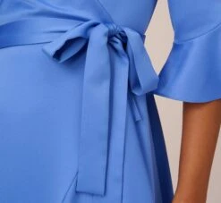 Adrianna Papell Satin Faux Wrap Dress With Ruffled Three-Quarter Sleeves In Precious Peri 11 Adrianna Papell Satin Faux Wrap Dress With Ruffled Three-Quarter Sleeves In Precious Peri -Allure Attire AP1D105057 AM492 Regular Lifestyle