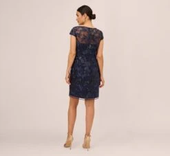 Adrianna Papell Sequin Floral Short Sleeve Dress With Popover In Navy -Allure Attire AP1D105080 AA412 Regular Back