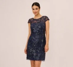 Adrianna Papell Sequin Floral Short Sleeve Dress With Popover In Navy