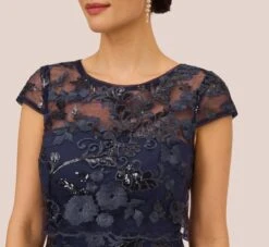 Adrianna Papell Sequin Floral Short Sleeve Dress With Popover In Navy -Allure Attire AP1D105080 AA412 Regular Detail