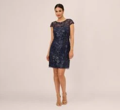 Adrianna Papell Sequin Floral Short Sleeve Dress With Popover In Navy -Allure Attire AP1D105080 AA412 Regular Front