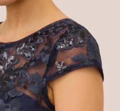 Adrianna Papell Sequin Floral Short Sleeve Dress With Popover In Navy -Allure Attire AP1D105080 AA412 Regular Lifestyle