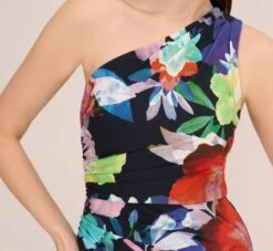 Adrianna Papell Multicolor Floral Jersey Midi Dress With One Shoulder Neckline In Dark Navy Multi -Allure Attire AP1D105082 BF410 Regular Detail