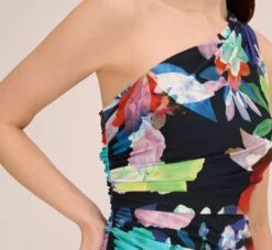 Adrianna Papell Multicolor Floral Jersey Midi Dress With One Shoulder Neckline In Dark Navy Multi -Allure Attire AP1D105082 BF410 Regular Lifestyle