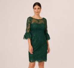Adrianna Papell Embroidered Sequin Dress With Sheer Bell Sleeves In Deep Forest