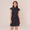 Adrianna Papell Velvet Burnout Floral Short Sleeve Dress With Mock Neck In Midnight