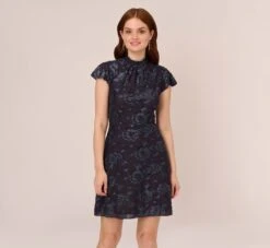 Adrianna Papell Velvet Burnout Floral Short Sleeve Dress With Mock Neck In Midnight
