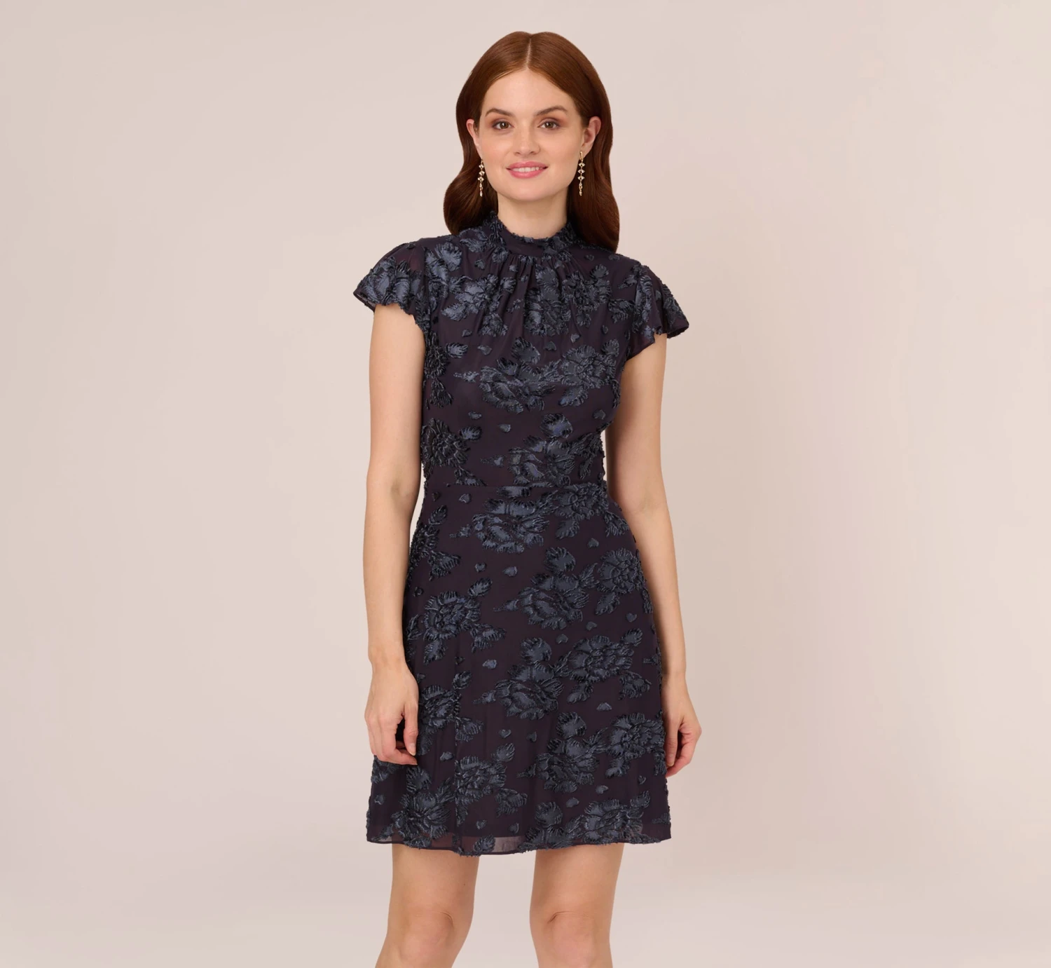 Adrianna Papell Velvet Burnout Floral Short Sleeve Dress With Mock Neck In Midnight 1 Adrianna Papell Velvet Burnout Floral Short Sleeve Dress With Mock Neck In Midnight