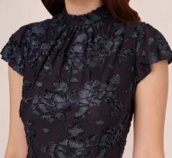 Adrianna Papell Velvet Burnout Floral Short Sleeve Dress With Mock Neck In Midnight 9 Adrianna Papell Velvet Burnout Floral Short Sleeve Dress With Mock Neck In Midnight -Allure Attire AP1D105087 AB411 Regular Detail