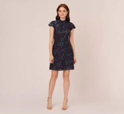 Adrianna Papell Velvet Burnout Floral Short Sleeve Dress With Mock Neck In Midnight 13 Adrianna Papell Velvet Burnout Floral Short Sleeve Dress With Mock Neck In Midnight -Allure Attire AP1D105087 AB411 Regular Front