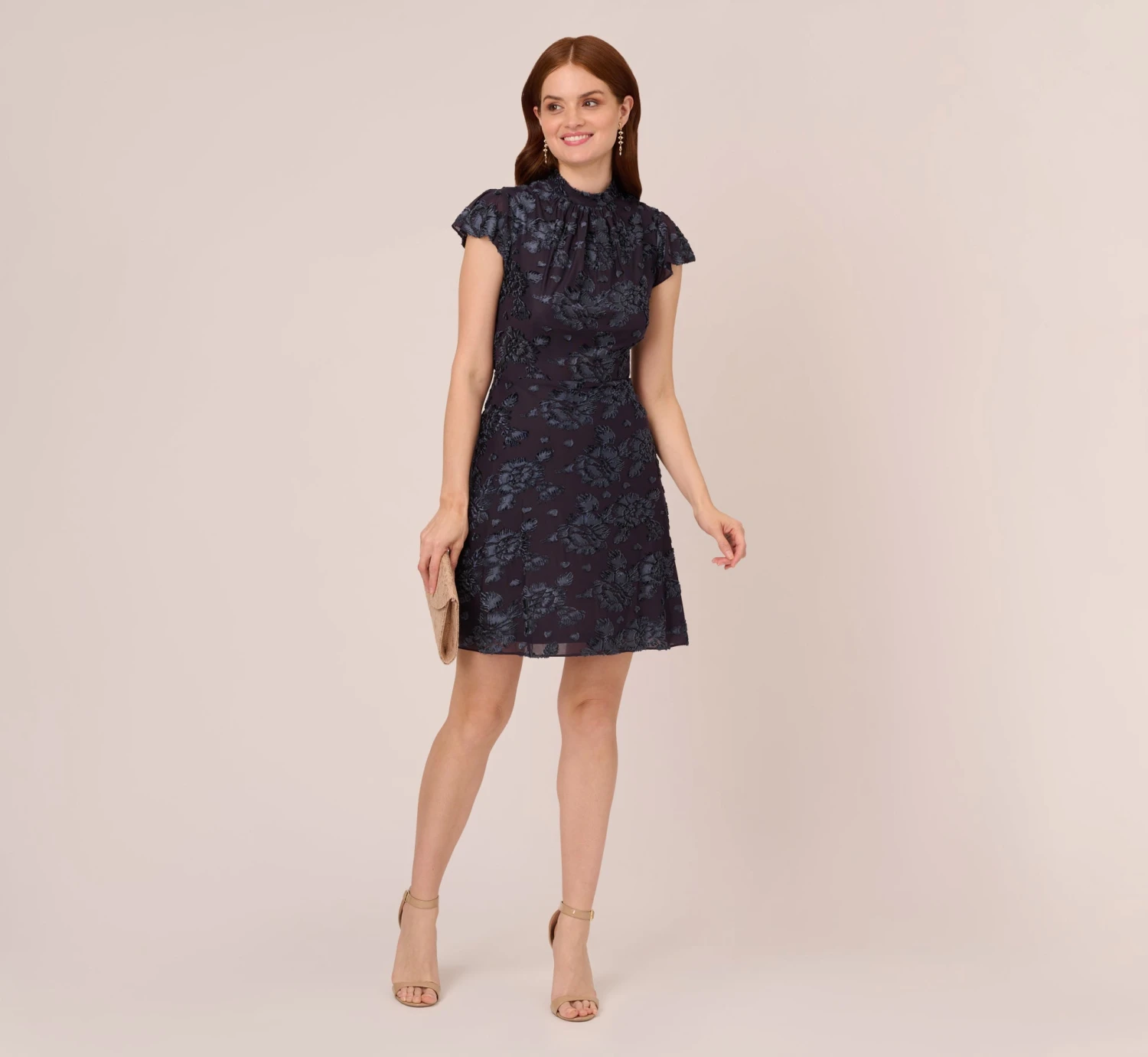 Adrianna Papell Velvet Burnout Floral Short Sleeve Dress With Mock Neck In Midnight 2 Adrianna Papell Velvet Burnout Floral Short Sleeve Dress With Mock Neck In Midnight - Image 2