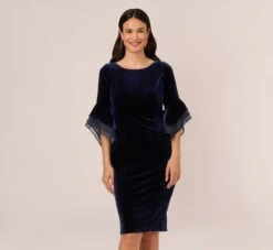Adrianna Papell Velvet Sheath Dress With Tiered Three Quarter Sleeves In Midnight