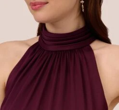 Adrianna Papell Satin Crepe Halter Midi Dress With Ruffled Hem In Bordeaux Glow -Allure Attire AP1D105092 AW504 Regular Detail