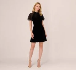 Adrianna Papell Mock Neck Velvet Dress With Sheer Short Sleeves In Black