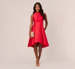 Adrianna Papell Halter Mikado Dress With Ruffle Trim In Red -Allure Attire AP1D105116 AA610 Regular Side