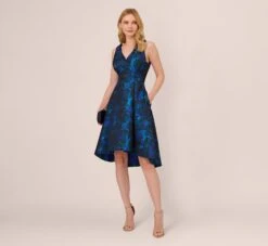 Adrianna Papell High Low Halter Floral Jacquard Dress With Ruffle Details In Blue Multi -Allure Attire AP1D105119 AA461 Regular Side