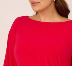 Adrianna Papell Plus Size Long Sleeve Draped Jersey Dress With Beaded Cuffs In Hot Ruby -Allure Attire AP1D105124 AU610 Plus Detail