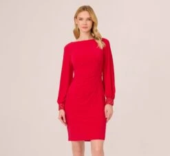 Adrianna Papell Long Sleeve Draped Jersey Dress With Beaded Cuffs In Hot Ruby
