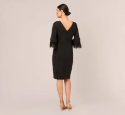 Adrianna Papell Metallic Knit Sheath Dress With Feather Trim Sleeves In Black 10 Adrianna Papell Metallic Knit Sheath Dress With Feather Trim Sleeves In Black -Allure Attire AP1D105126 AA002 Regular Back
