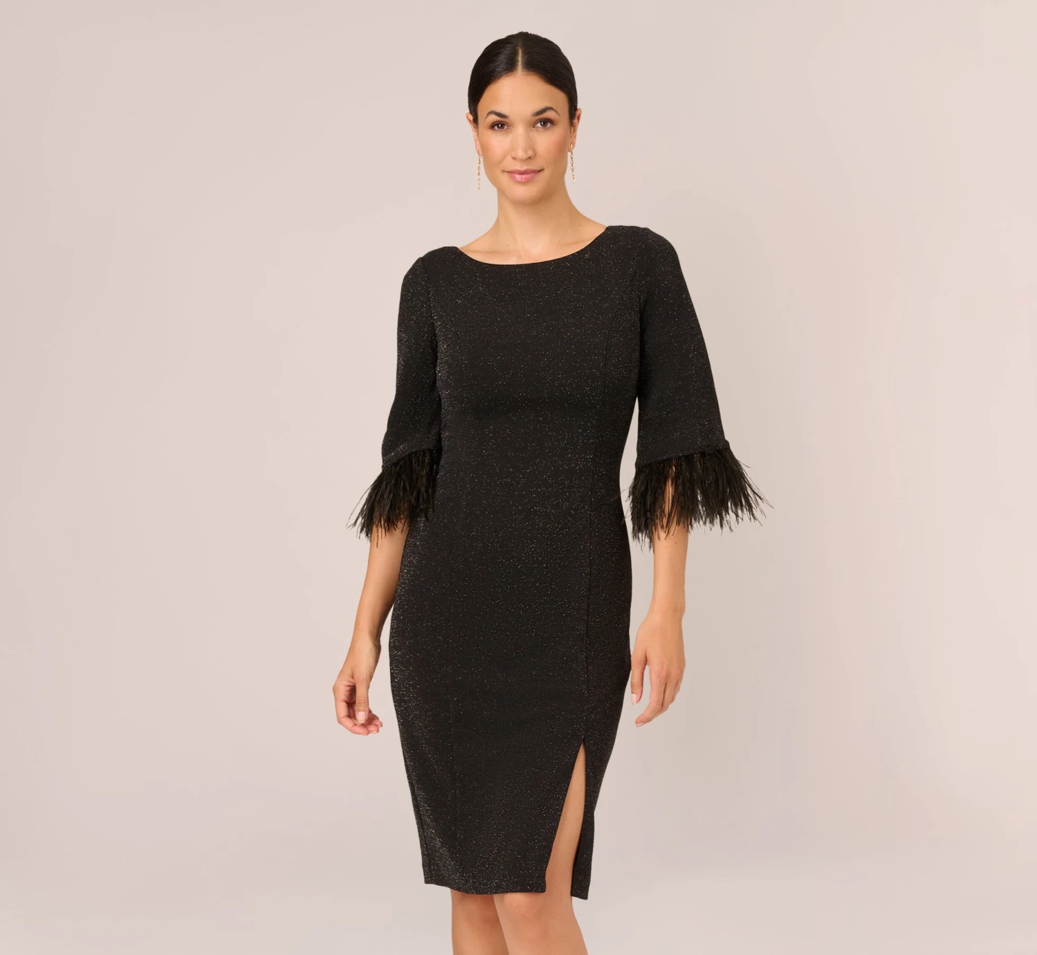 Adrianna Papell Metallic Knit Sheath Dress With Feather Trim Sleeves In Black 1 Adrianna Papell Metallic Knit Sheath Dress With Feather Trim Sleeves In Black