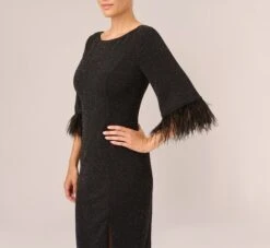 Adrianna Papell Metallic Knit Sheath Dress With Feather Trim Sleeves In Black 9 Adrianna Papell Metallic Knit Sheath Dress With Feather Trim Sleeves In Black -Allure Attire AP1D105126 AA002 Regular Detail
