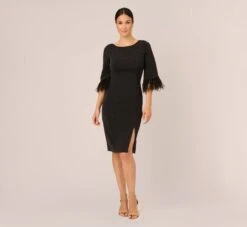 Adrianna Papell Metallic Knit Sheath Dress With Feather Trim Sleeves In Black 12 Adrianna Papell Metallic Knit Sheath Dress With Feather Trim Sleeves In Black -Allure Attire AP1D105126 AA002 Regular Front