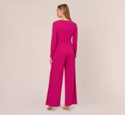 Adrianna Papell Long Sleeve Crepe Jumpsuit With Tie Front In Hot Orchid -Allure Attire AP1D105130 BA670 Regular Back