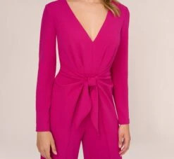 Adrianna Papell Long Sleeve Crepe Jumpsuit With Tie Front In Hot Orchid -Allure Attire AP1D105130 BA670 Regular Lifestyle