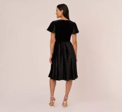 Adrianna Papell Short Sleeve Velvet Pleated Midi Dress In Black 9 Adrianna Papell Short Sleeve Velvet Pleated Midi Dress In Black -Allure Attire AP1D105134 AA002 Regular Back