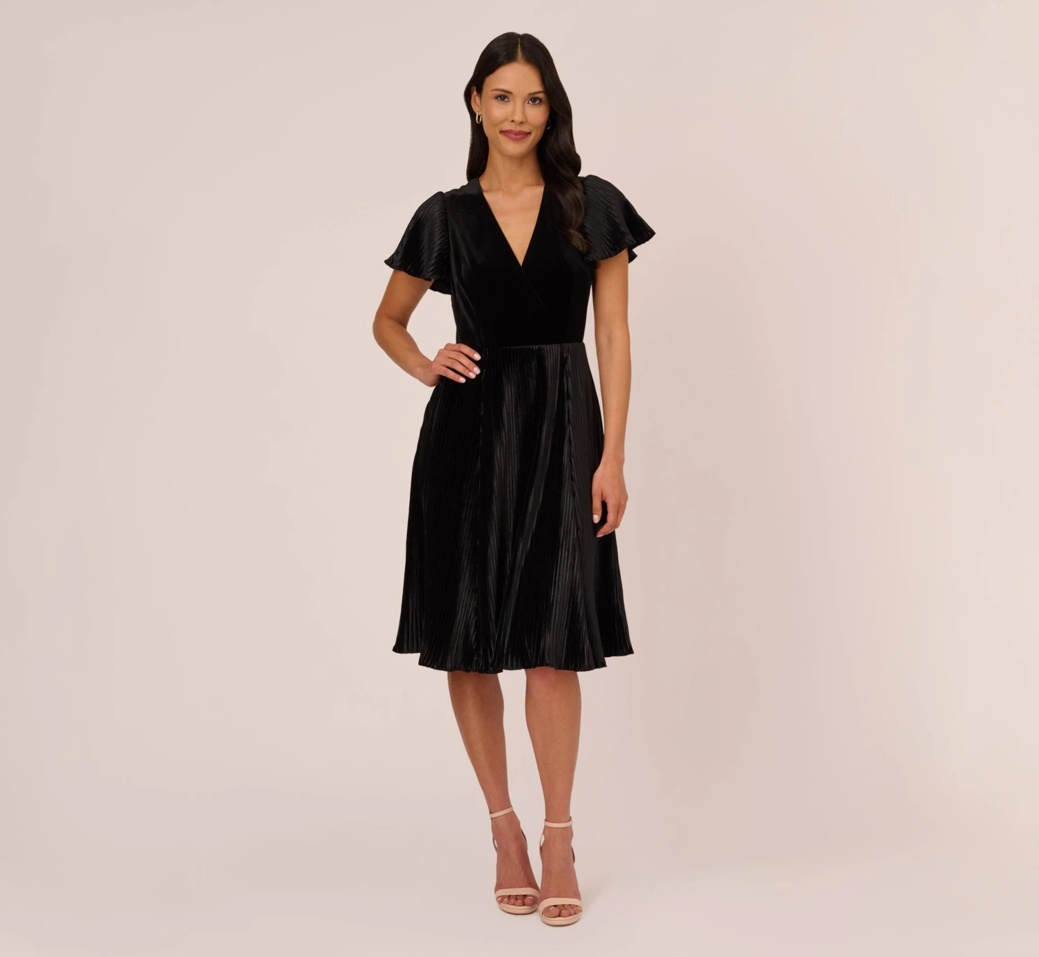 Adrianna Papell Short Sleeve Velvet Pleated Midi Dress In Black 1 Adrianna Papell Short Sleeve Velvet Pleated Midi Dress In Black