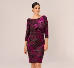 Adrianna Papell Metallic Burnout Velvet Dress With Shirred Details In Black Violet