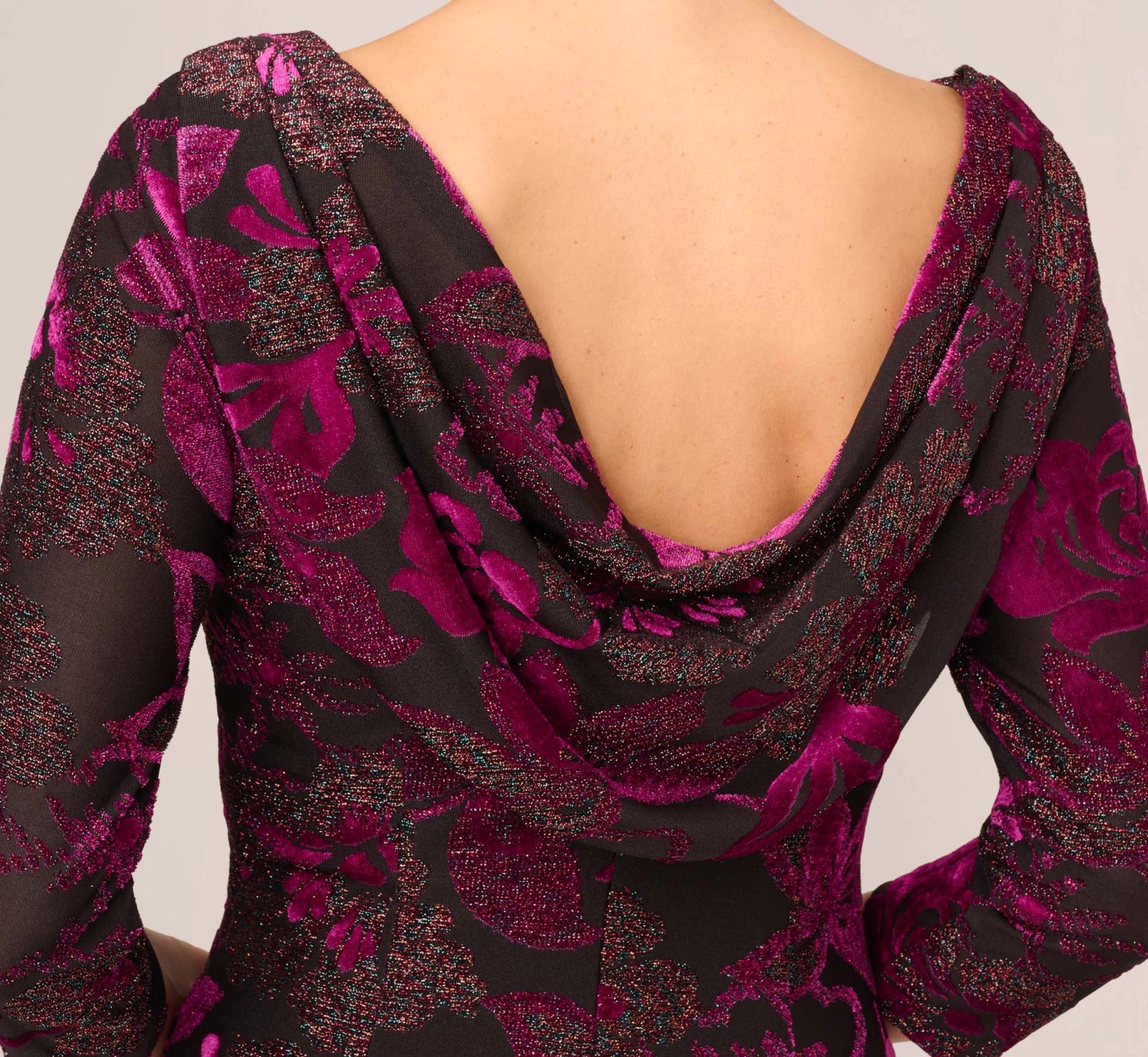 Adrianna Papell Metallic Burnout Velvet Dress With Shirred Details In Black Violet 5 Adrianna Papell Metallic Burnout Velvet Dress With Shirred Details In Black Violet - Image 5