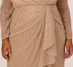 Adrianna Papell Plus Size Metallic Long Sleeve Dress With Draped Details In Light Gold -Allure Attire AP1D105147 AA267 Plus Detail