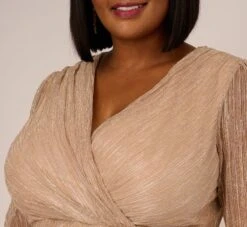 Adrianna Papell Plus Size Metallic Long Sleeve Dress With Draped Details In Light Gold -Allure Attire AP1D105147 AA267 Plus Lifestyle