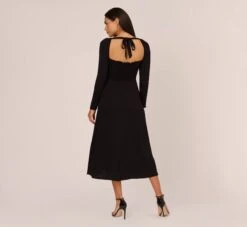 Adrianna Papell Long Sleeve Midi Dress With Tie-Back In Black -Allure Attire AP1D105153 AA002 Regular Back