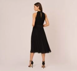Adrianna Papell Pleated Sleeveless Chiffon Dress With Tie Waist In Black -Allure Attire AP1D105165 AA002 Regular Back