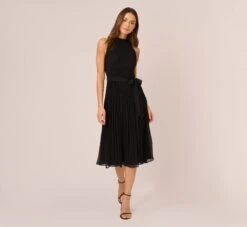 Adrianna Papell Pleated Sleeveless Chiffon Dress With Tie Waist In Black