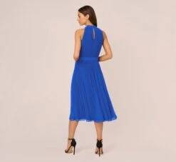 Adrianna Papell Pleated Sleeveless Chiffon Dress With Tie Waist In Dark Cobalt -Allure Attire AP1D105165 AT401 Regular Back