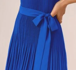 Adrianna Papell Pleated Sleeveless Chiffon Dress With Tie Waist In Dark Cobalt -Allure Attire AP1D105165 AT401 Regular Lifestyle