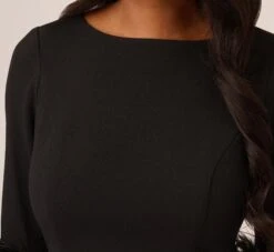Adrianna Papell Crepe A-Line Dress With Feather-Trimmed Sleeves In Black 11 Adrianna Papell Crepe A-Line Dress With Feather-Trimmed Sleeves In Black -Allure Attire AP1D105175 AA002 Regular Detail