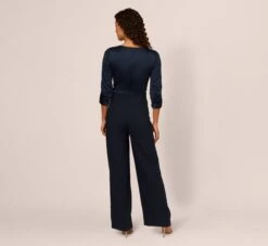 Adrianna Papell Satin Crepe Three Quarter Sleeve Jumpsuit With Buckle Waist In Dark Navy -Allure Attire AP1D105207 AV410 Regular Back
