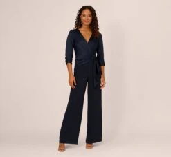 Adrianna Papell Satin Crepe Three Quarter Sleeve Jumpsuit With Buckle Waist In Dark Navy