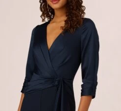 Adrianna Papell Satin Crepe Three Quarter Sleeve Jumpsuit With Buckle Waist In Dark Navy -Allure Attire AP1D105207 AV410 Regular Detail