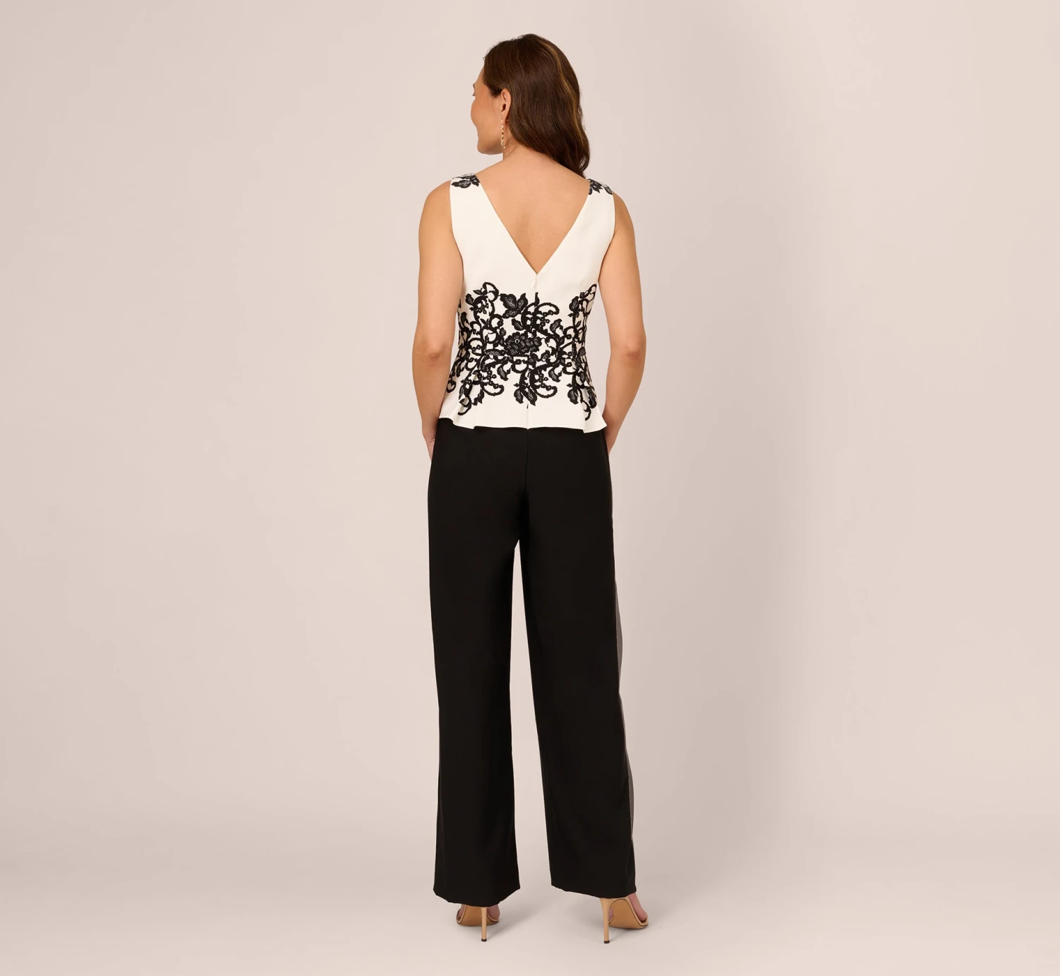 Adrianna Papell Sleeveless Peplum Jumpsuit With Scroll Lace Details In Ivory Black 5 Adrianna Papell Sleeveless Peplum Jumpsuit With Scroll Lace Details In Ivory Black - Image 5