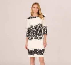 Adrianna Papell Scroll Lace Midi Dress With Three Quarter Sleeves In Ivory Black