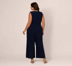 Adrianna Papell Plus Size Jersey Sleeveless Pintuck Jumpsuit With Wide Legs In Midnight -Allure Attire AP1D105225 AB411 Plus Back