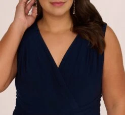 Adrianna Papell Plus Size Jersey Sleeveless Pintuck Jumpsuit With Wide Legs In Midnight -Allure Attire AP1D105225 AB411 Plus Detail