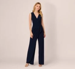 Adrianna Papell Jersey Sleeveless Pintuck Jumpsuit With Wide Legs In Midnight