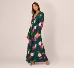 Adrianna Papell Floral Smock Maxi Dress With Long Sleeves In Green Multi