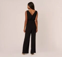 Adrianna Papell Sleeveless Smocked Jumpsuit With V-Neckline In Black -Allure Attire AP1D105285 AA002 Regular Back